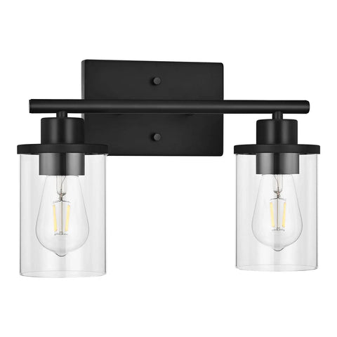 2-Light Matte Black Vanity Light Fixture With Clear Glass Shades, Vintage Wall Sconce Vibe For Bathroom, Bedroom, Living Room Or Hallway, E26 Base, Bulbs Not Included