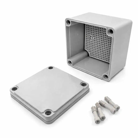 Rock Solid Electrical Junction Box With IP67 Waterproof Rating, includes detachable mounting plate and screws.