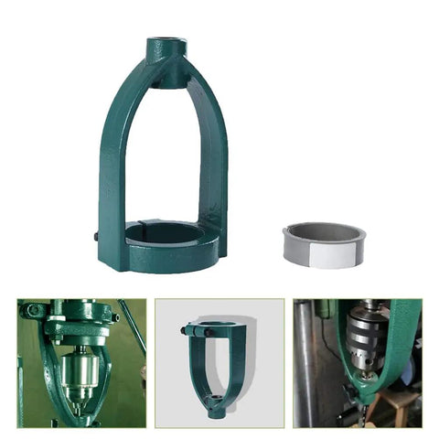 Rock Solid Portable Drill Press Square Tenon Converter Log Furniture Joinery Adapter Quick Install Mortise Machine Chisel Kit No Fuss Setup, heavy steel housing in green with a removable collar.