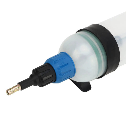 Close-up of the Ultimate 1.5L Fluid Extractor Engine Oil Syringe With Smart Arrow Case universal connector for engine oil transfer.