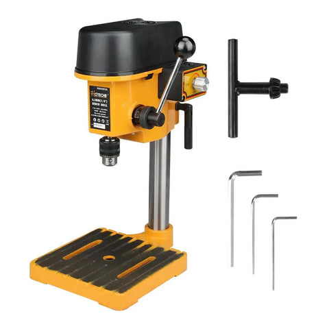 Variable Speed Mini Benchtop Drill Press With One Quarter Inch Keyed Chuck And 170mm Work Table 23mm Spindle Travel For Wood Metal Plastic And DIY Projects A Real Workhorse For Precise Drilling, shown frontal view with components.