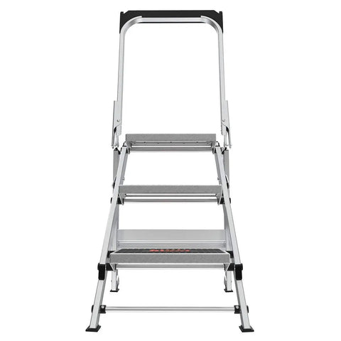 Foldable Three Step Safety Stool With Extra Wide Treads And Rubber Non Slip Grips For Stable Comfortable Indoor Use Perfect For Reaching Cabinets And Shelves And Everyday Home Projects Step Up Your DIY Game, front view, aluminum