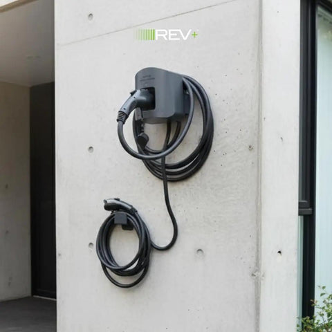 Dual Port Level 2 EV Charger With 50 Amp 11.5 kW Output, 240V Indoor Outdoor Station mounted on wall, NEMA 6 50 Plug