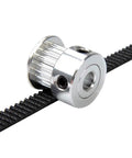 Close-up of a 20-tooth aluminum pulley with a GT2 timing belt, part of 5M GT2 Timing Belt Kit For 3D Printers With 15mm Wide Belt