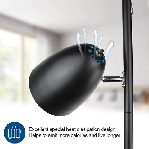 Close-up of a black lamp head with heat dissipation on Tree Floor Lamp With 3 Lights, Industrial Modern Reading Floor Lamp With Adjustable Metal Heads, Black Tall Floor Light For Living Room, Bedroom, And Office, No Fuss Assembly, E26 Base, LED Bulbs Included.