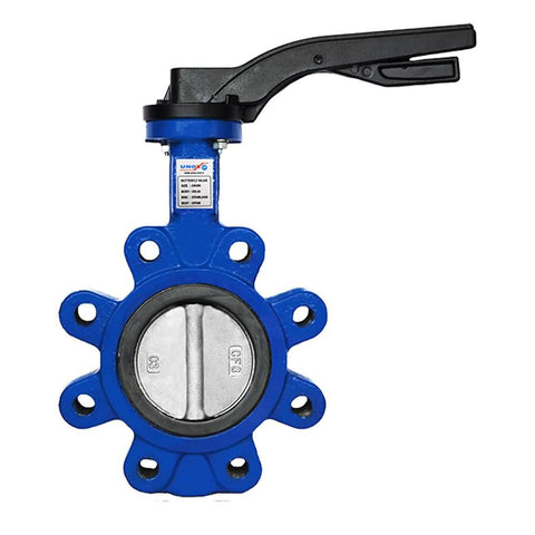 UNOX lug butterfly valve DN100 (4 in) blue cast-iron body with EPDM gasket and manual lever, front view