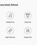 Icons illustrating features of Premium Silk PLA 3D Printer Filament 1.75Mm 2.2 Pound Spool: Bubble-Free, Clog-Free, High-Precision, Tangle-Free.