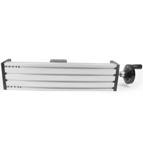 Beefy 250mm Linear Rail Guide With Double Optical Axis And SFU1605 Ballscrew 5mm Lead Manual Sliding Table For CNC Router Machines High Hardness Metal Construction 250mm Travel, side view with hand crank