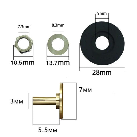 Detailed view of components in Ten Piece Clock Repair Kit With Nuts, Washers, Rubber Rings And Brass Caps For Silent Movement Clocks.