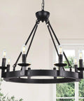 Black Farmhouse Wagon Wheel Chandelier With Eight Exposed Lights Dope Industrial Iron Ceiling Fixture In Candle Style