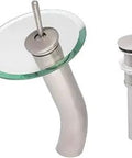 Falls Waterfall Vessel Faucet With Pop Up Drain In Brushed Nickel And Clear Glass, Single Lever, Deck Mount, high flow design