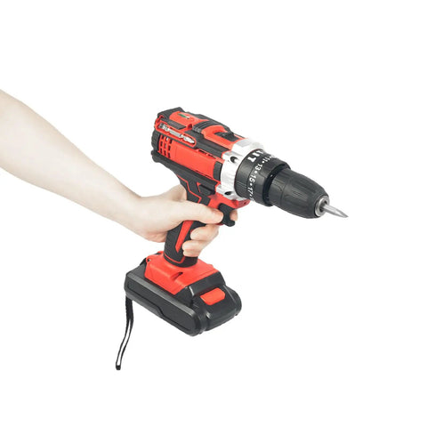 Heavy Duty Cordless Power Drill Featuring Variable Speed Trigger And Slick Ergonomic Handle Includes Plug And Play 1200 Mah Battery, held in hand.