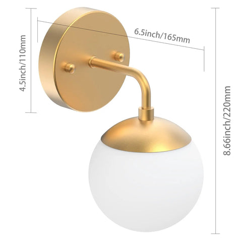 Gold Globe Wall Sconce 1 Light Modern Mid Century Dope Gold Wall Light For Living Room Bedroom Hallway Stairs Bathroom And Restaurants 3000K G9 Bulbs Included, brass frame with glass globe shade, dimensions labeled