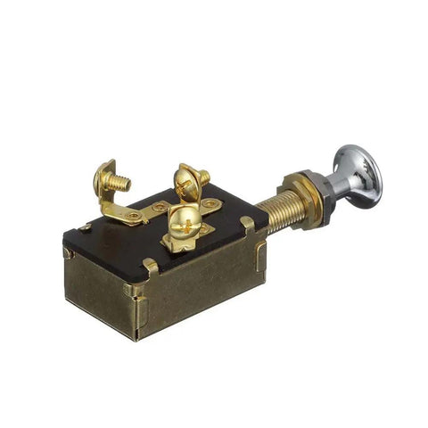 Heavy Duty Three-Position Push-Pull Switch For Dual Circuits With Chrome Knob And Stainless Steel Springs Fits Panels Up To 1 Inch Rated 25 Amps At 6 VDC And 15 Amps At 12 VDC Rugged Boat Electrical Control Switch, angled view