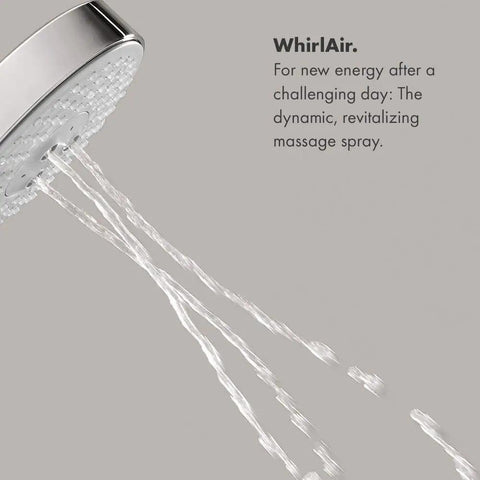 Close-up of 5 Inch Handheld Shower Head With Rain Air Balance Air And Whirl Air Modes, water flowing, no clog spray channels visible