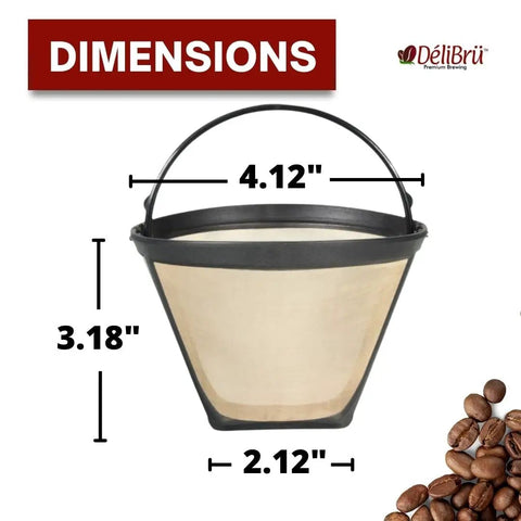 Dimensions of Gold Tone Cone Style Reusable Coffee Filter Size Two For DCC 450 Cuisinart Coffee Makers