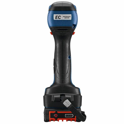Rear view of 18V All In One Impact Driver And Wrench Kit with brushless motor and battery, showcasing ergonomic grip.
