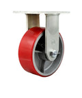 Eight Inch Rigid Top Plate Caster With Red Polyurethane Wheel Over Beefy Cast Iron Core Extra Heavy Duty Workhorse Rated 2500 Lbs Per Piece side view showing sturdy design and durability