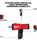 Milwaukee M18 Compact 1 Ton Chain Hoist One Man Carry Wireless Remote Variable Speed Power Tool For Heavy Lifting Construction Jobsite Efficiency with battery and chain hooks.