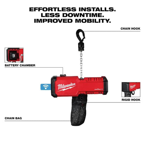 Milwaukee M18 Compact 1 Ton Chain Hoist One Man Carry Wireless Remote Variable Speed Power Tool For Heavy Lifting Construction Jobsite Efficiency with battery and chain hooks.