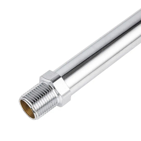 Chrome plated brass body of Frost Free Sillcock Hose Bibb, 12 Inch Length, Half Inch MIP To Three Quarter Inch Hose Thread, Lead Free.