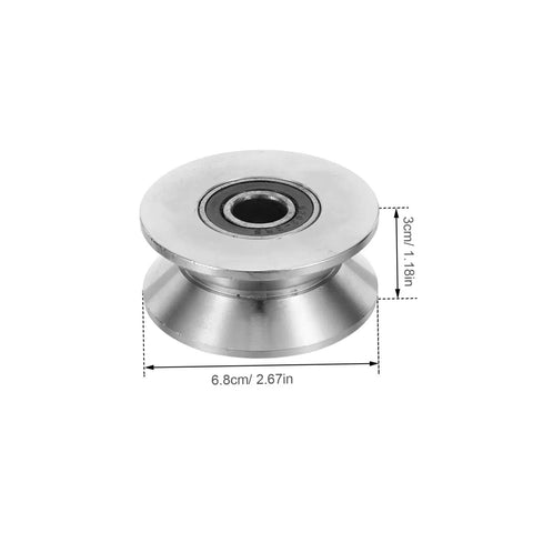 Heavy Duty Stainless Steel U Groove Sliding Door Roller Pulley With Ball Bearings, measuring 6.8cm and 3cm for smooth sliding.