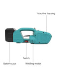 Rechargeable Electric Strapping Machine Portable Packing Sealer For PP PET Bands detailed view of battery case, switch and welding motor.