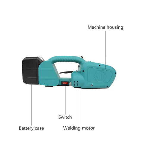 Rechargeable Electric Strapping Machine Portable Packing Sealer For PP PET Bands detailed view of battery case, switch and welding motor.