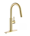 TOYWIA Kitchen Faucets with Pull Down Sprayer, High Arc Single Handle Classic Stainless Steel Sink Faucet 1 or 3 Hole, Suitable for Farmhouse Camper Laundry Rv Bar, Gold close-up angle showing sleek design and finish.