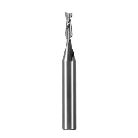 Hard Hitting Tungsten Carbide Upcut Spiral Router Bit With One Quarter Inch Shank One Eighth Inch Cutting Diameter shown side view.