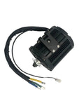 Heavy Duty 72 Volt Mid Drive Motor Kickin Butt On Trails With Belt Driven Pulley System For Electric Dirtbikes And Moped Builds modular motor with wiring harness and black casing.