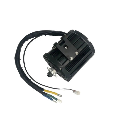 Heavy Duty 72 Volt Mid Drive Motor Kickin Butt On Trails With Belt Driven Pulley System For Electric Dirtbikes And Moped Builds modular motor with wiring harness and black casing.