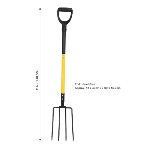 Heavy Duty Garden Fork With Four Tines And Y Grip For Digging And Loosening Soil 46 Inch Long Spading Fork shown vertically