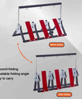 Pro Grade Durable Metal Wire Dispenser Rack with Wheels for Easy Mobility, red adjustable folding design, before and after folding view.