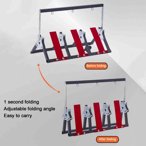 Pro Grade Durable Metal Wire Dispenser Rack with Wheels for Easy Mobility, red adjustable folding design, before and after folding view.