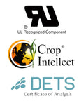 Logos of UL Recognized Component, Crop Intellect, and DETS Certificate of Analysis against a white background.