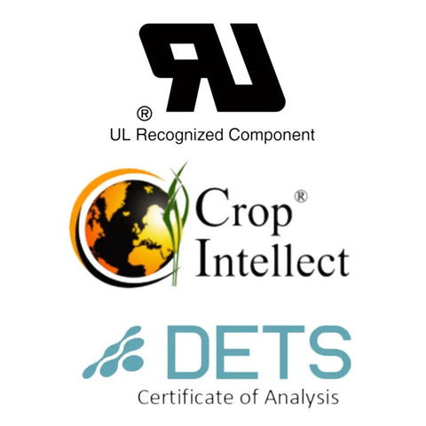 Logos of UL Recognized Component, Crop Intellect, and DETS Certificate of Analysis against a white background.