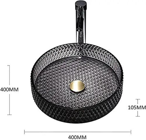 Bathroom Vessel Sink - Tempered s Wash Basin for Bar & Cloakroom, 400mm round black sink with diamond pattern.