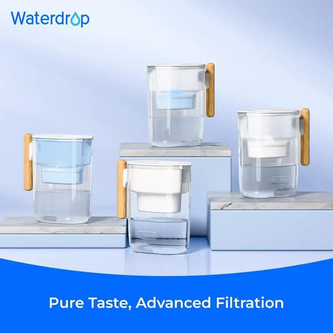 PT04B Water Filter Pitcher With 10 Cup Capacity NSF Certified 200 Gallon Long Life Filter displayed on a stand