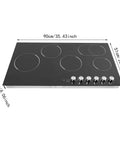Quick Cookin' Electric Ceramic Cooktop With Five Adjustable Burners Infrared Stove Top showing black smooth surface and dimensions.