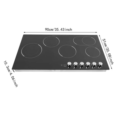 Quick Cookin' Electric Ceramic Cooktop With Five Adjustable Burners Infrared Stove Top showing black smooth surface and dimensions.