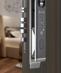 Smart Door Lock Offering Hella Secure Hidden Fingerprint Access and Digital Remote Automatic Deadbolt close-up on wooden door with keypad and biometric scanner.