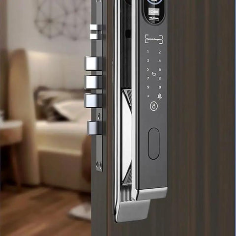 Smart Door Lock Offering Hella Secure Hidden Fingerprint Access and Digital Remote Automatic Deadbolt close-up on wooden door with keypad and biometric scanner.