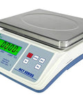 66 Lb Inventory Counting Scale With Lab Grade Accuracy 0.002 Lb LCD Display, stainless steel pan, front view in white and blue