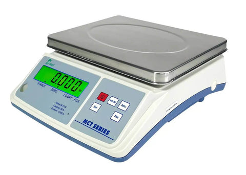 66 Lb Inventory Counting Scale With Lab Grade Accuracy 0.002 Lb LCD Display, stainless steel pan, front view in white and blue
