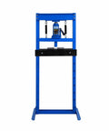 Front view of 12 Ton Hydraulic H Frame Shop Press With Dual Press Plates, Heavy Duty Garage Floor Press For U Joints, Blue.