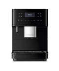 Sleek Fully Automatic Coffee And Espresso Machine With Silent Steel Grinding Chamber For Killer Cup Creations And Rich Silky Milk Foam For Serious Home Baristas front view on a white background.