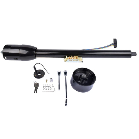 GELUOXI 32-inch tilt manual steering column side view, black stainless finish with key and 9-hole adapter and hardware