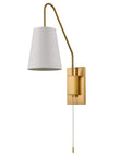 Modern Brass Plug In Wall Sconces Set Of Two With Fabric Shade And Pull Chain Switch Perfect For Bedroom Living Room Hallway Decor Two Pack Flexible Installation Plug In Or Hardwired Cozy Vibe Warm Glow showing brass finish and linen shade.