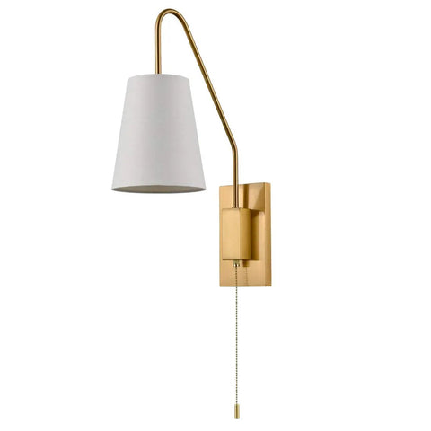 Modern Brass Plug In Wall Sconces Set Of Two With Fabric Shade And Pull Chain Switch Perfect For Bedroom Living Room Hallway Decor Two Pack Flexible Installation Plug In Or Hardwired Cozy Vibe Warm Glow showing brass finish and linen shade.